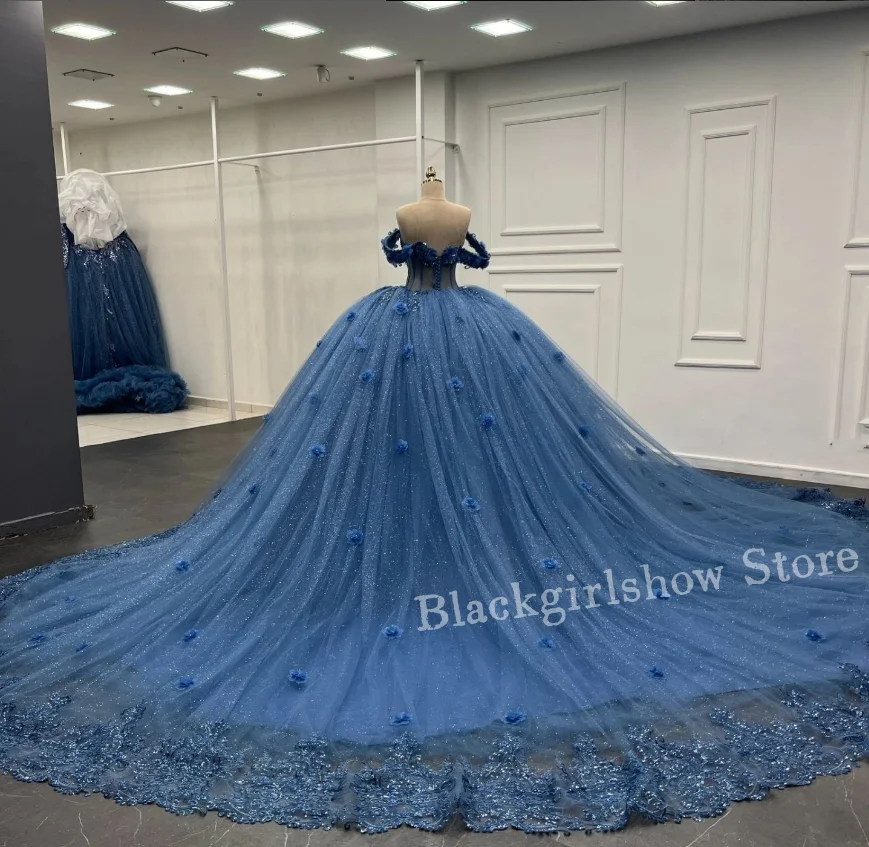 Elegant Princess Blue Quinceanera Dress 2024 Luxury Sheath Corset Sequin Applique Chapel Train vestido de 15 años