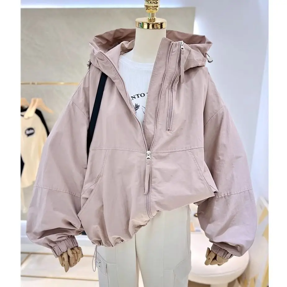 Korean Style Simple  Color Zipper Design Lazy Loose Hooded Jacket Women Casual Long Sleeve Coat with Drawstring