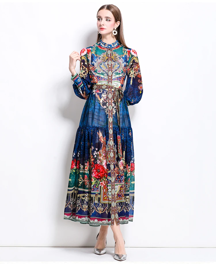 ZAROY Luxury Party A-line Chiffon Dress Vintage Baroque Print Elegant Lantern Sleeve Long Dress Fashion Boho Belt Beach Vestidos