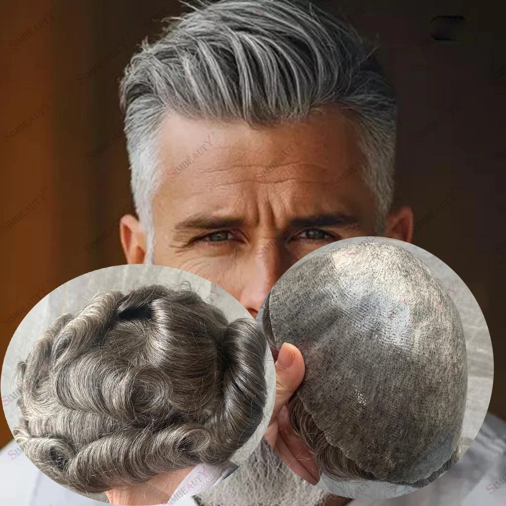 

1B80 1B65 1B50 Gray Human Hair Durable Skin 0.12mm Men Toupee Prosthesis Capillary 30mm Wave Injection Skin Base Natural Hairlin