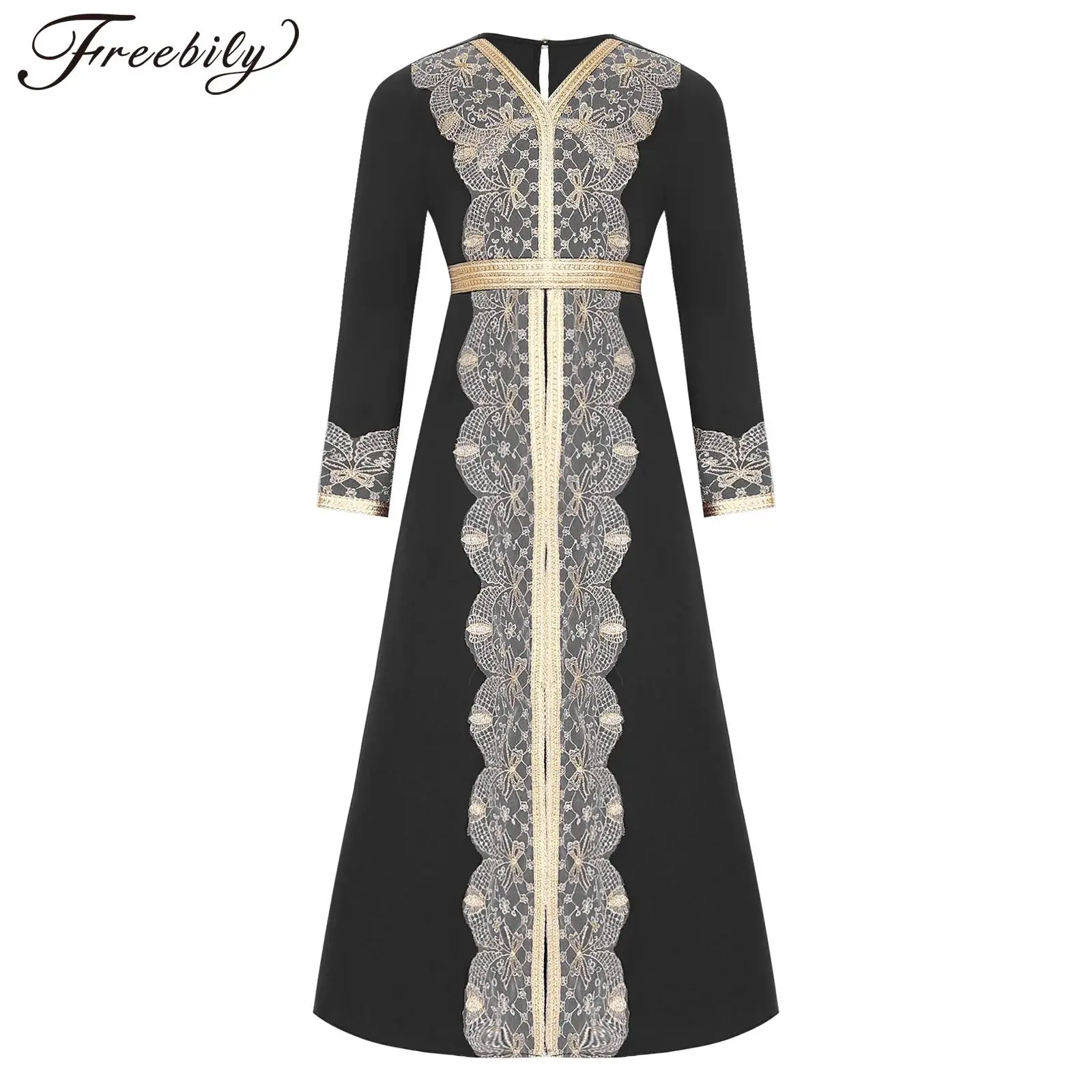 

Girls Middle East Arabic Kaftan Dress Muslim Ramadan Abaya Long Sleeve V Neck Prayer Dress with Belt Roleplay Festival Costume