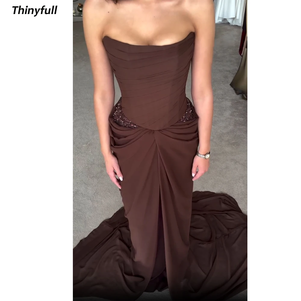 Thinyfull Mermaid Chiffon Prom Dress Sleeveless Strapless Arab Beading Evening Dresses Long Gown Robe De Soirée Customized