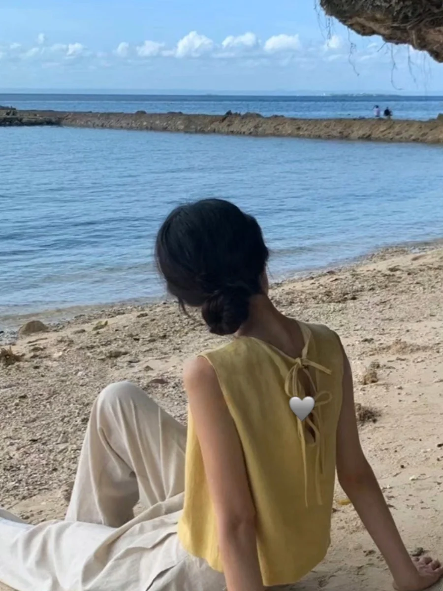 한국 슬림핏 블루 보타이 여성 여름 신상 휴가 캐주얼 다용도 베스트 탑 루즈핏 라운드넥