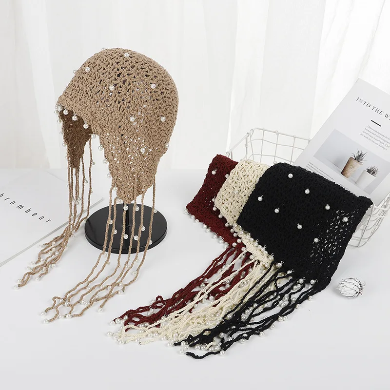 Women's Fascinating Hollow-Out Street Knitted Hat with Pearl Long Tassle Colored Beanie Hat Handmade Crochet Ear Protection Hat