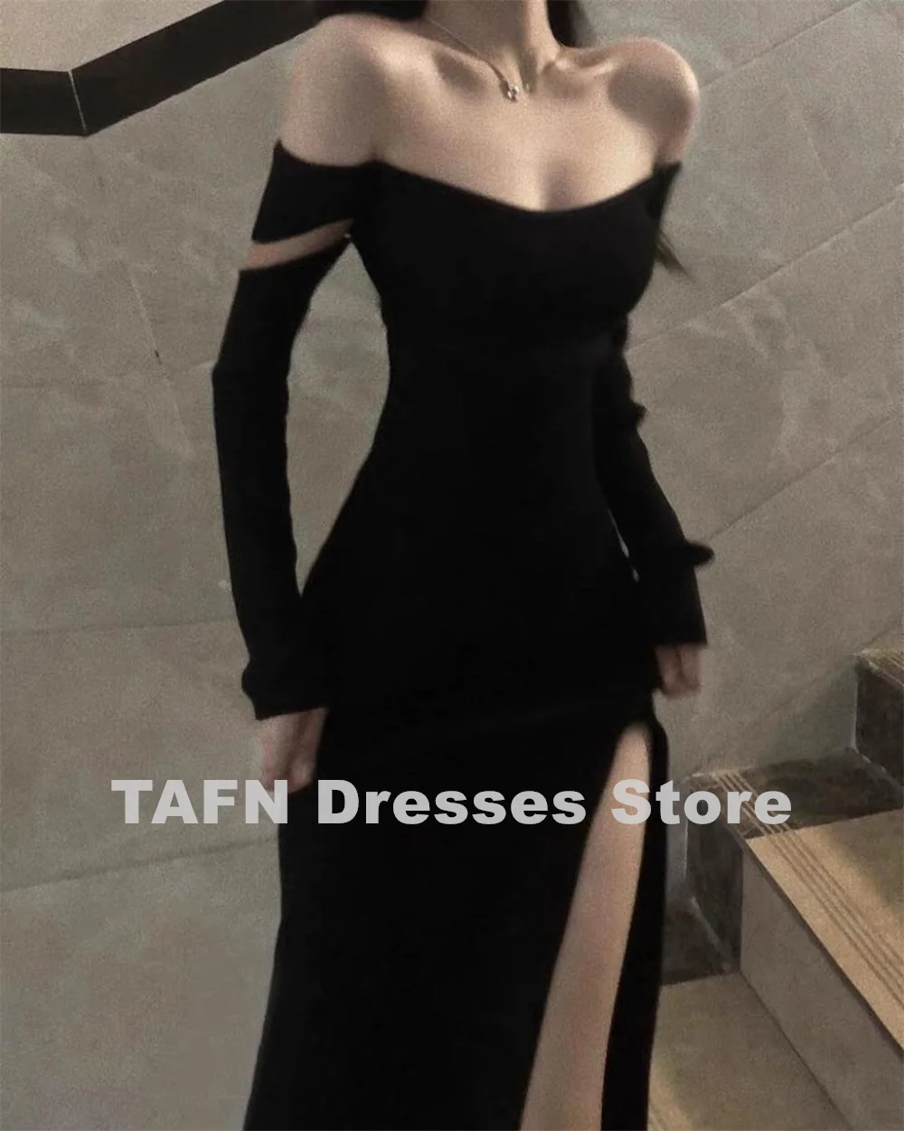 TAFN Black Sheath Elegant Evening Dresses Side High Slit Sexy Prom Party Dresses Simple French Floor-Length robes de soirée