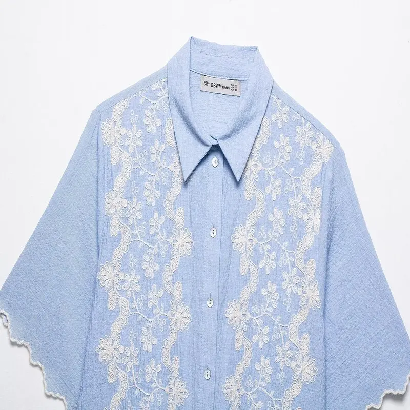 

Faionable Embroidered ort Sve Turn-down Collar irt Women's Summer New Arrival Simple Sle Commute Wind 2025