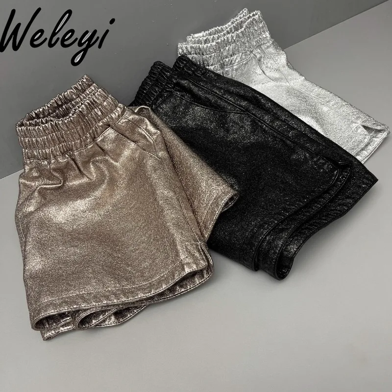 Metal Luster Shiny Leather Wide Leg Shorts Women's Autumn and Winter Versatile High Waist Loose Casual Outer Leather Boot Pants