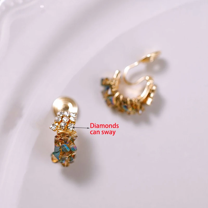 Korean Charm Sparkling Rainbow Crystal Clip on Earrings for Women Small Exquisite Luxurious Fashion Wedding Party Jewelry