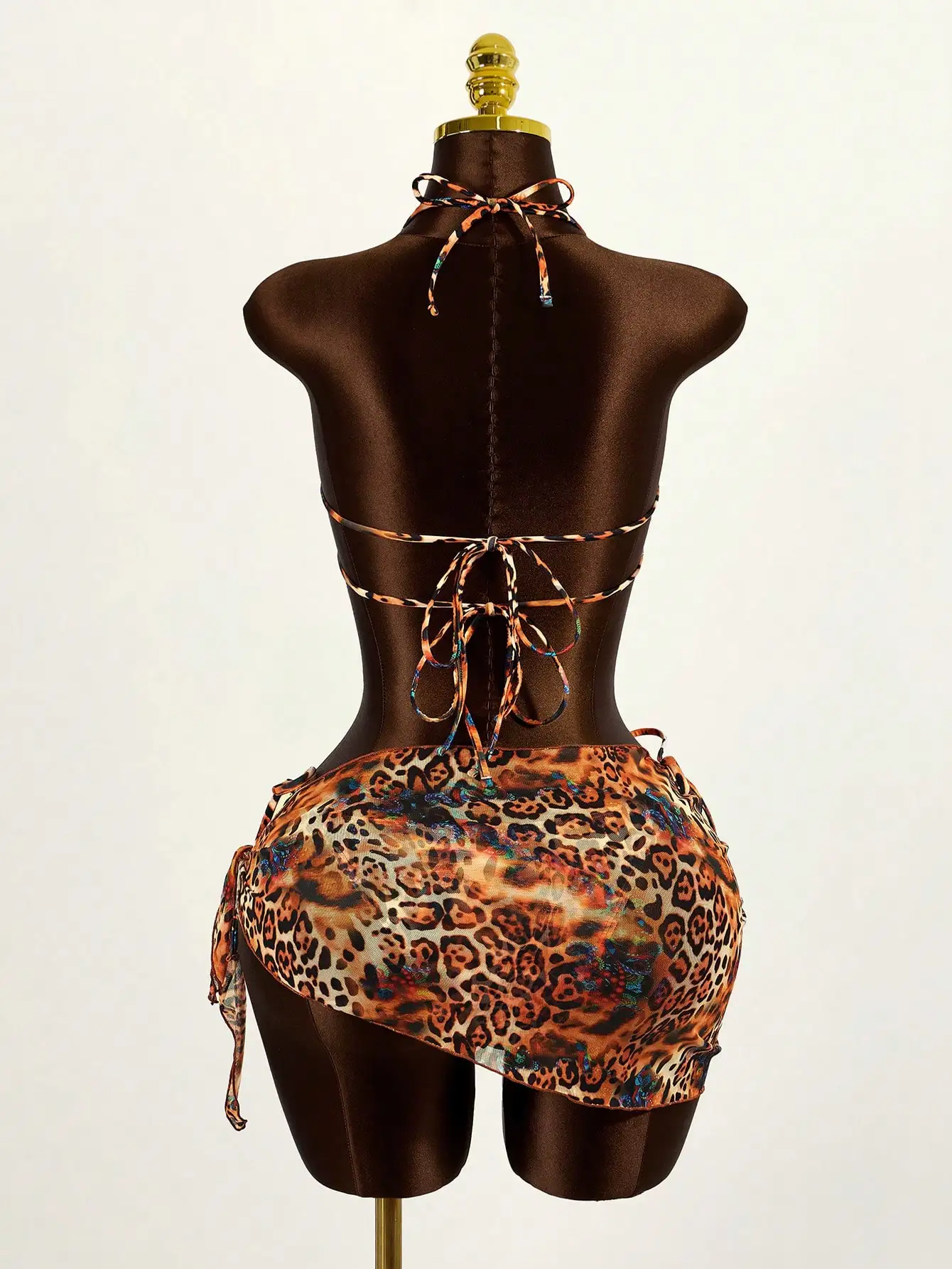 

Leopard Print Halter Tie Sexy Bikini Set With Cover Up Skirt