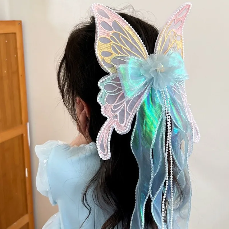 2025 New Cute Big Bow Princess Style Girl Woven Hair Strap Hair Clip and Long Tail Metal Spring Buckle Hair Clip
