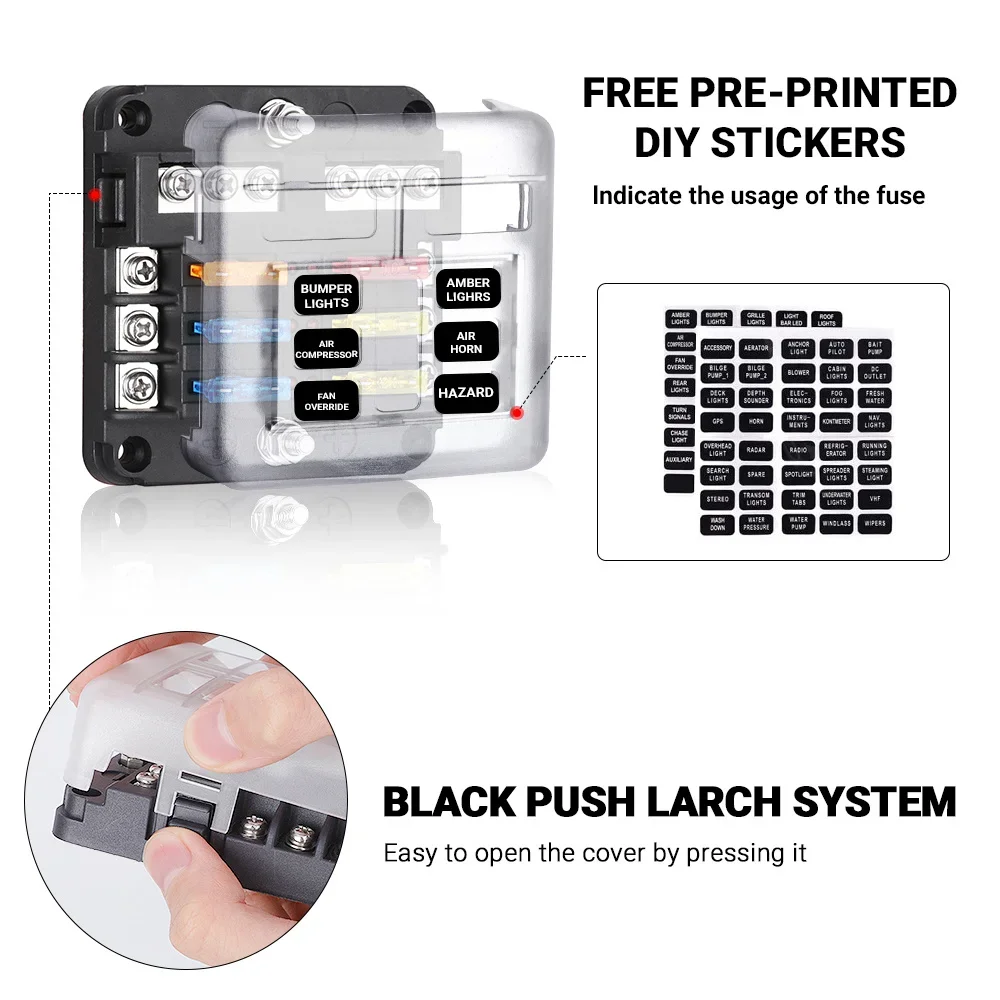 6 Ways 12 Ways Blade Fuse Block M5 Stud With LED Indicator Ligh Fuse Box Holder 32V 100A For Auto Car Boat Marine Plastic Cover