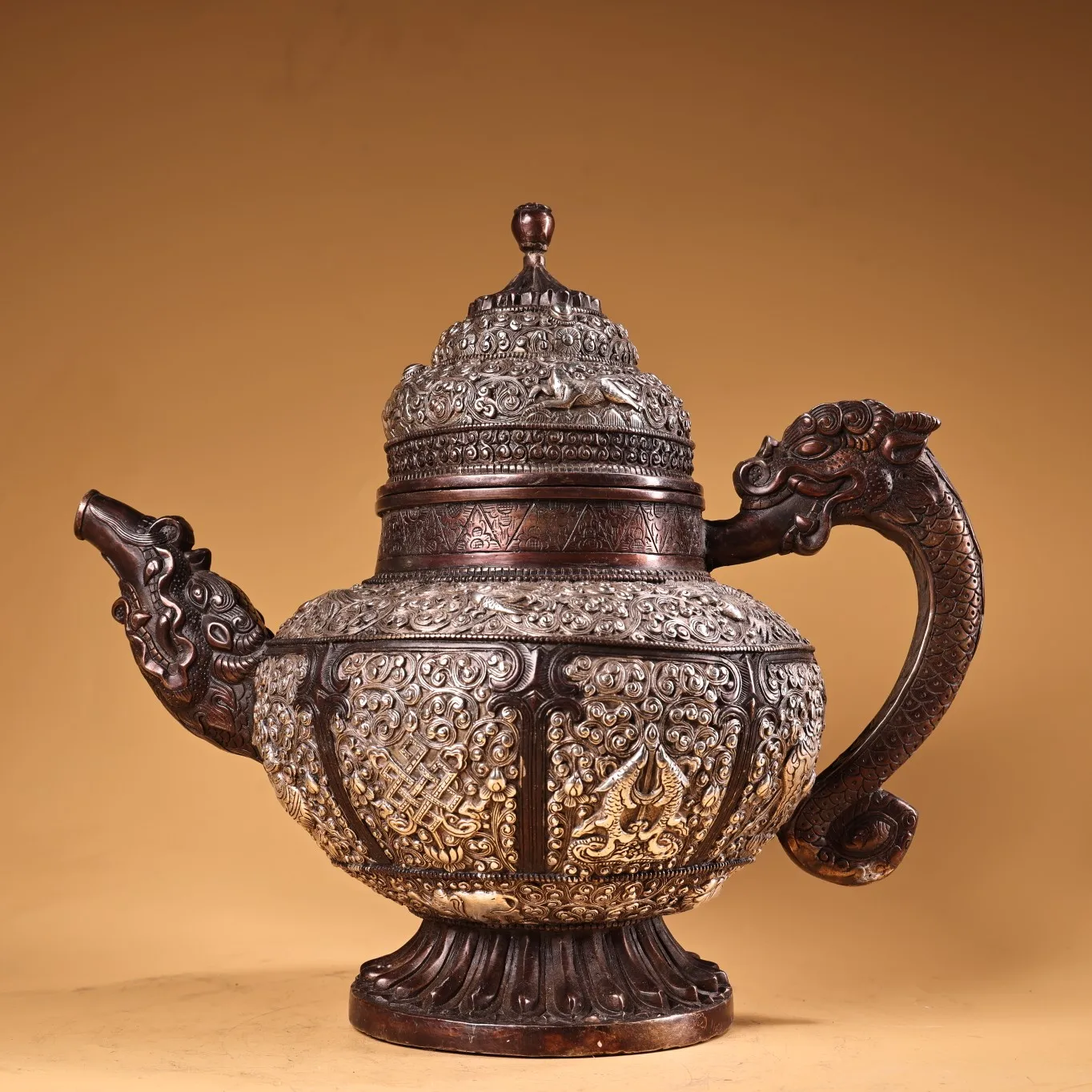 

11"Tibetan Temple Collection Old Bronze High Relief Gilded Silver Auspicious Eight Treasures Dragon handle Butter Teapot Flagon