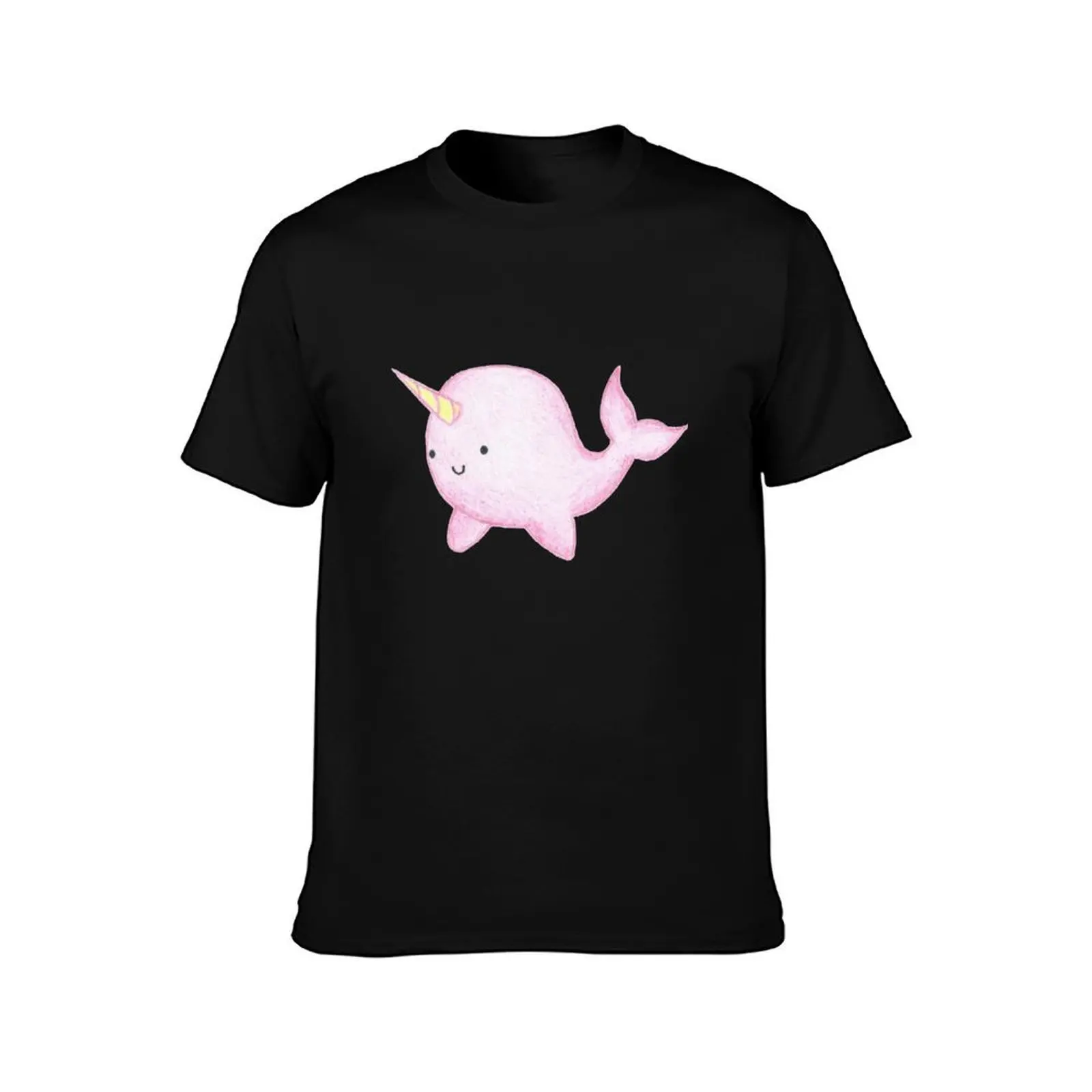 Cute Pink Narwhal T-Shirt, Summer Casual Cotton Tee, Oversized Streetwear Tops, Vintage Graphic Print, Loose Fit Short Sleeve