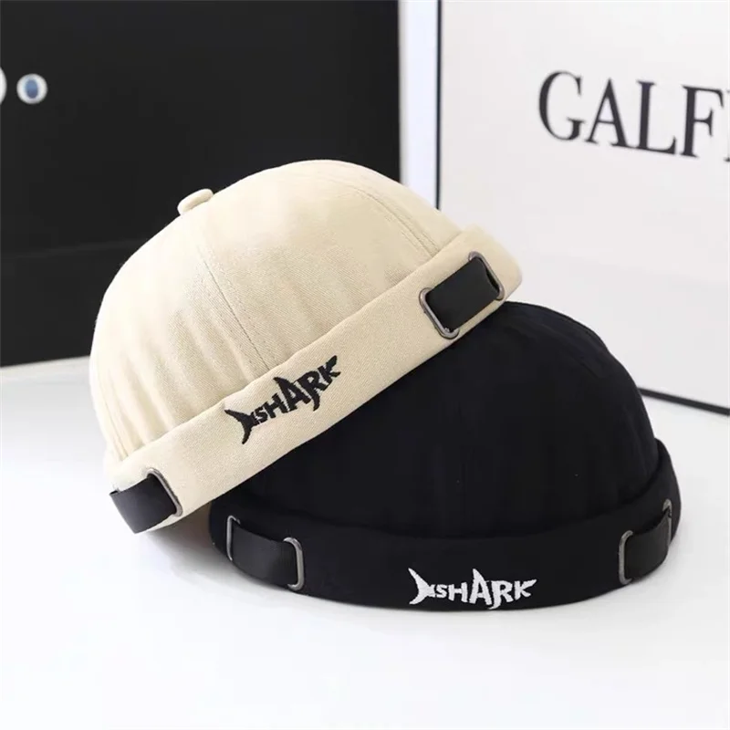 Casquettes sans bord avec lettre pour hommes et femmes, casquette Docker brodée requin, bonnet en coton, chapeaux Hip Hop, chapeau réglable sans