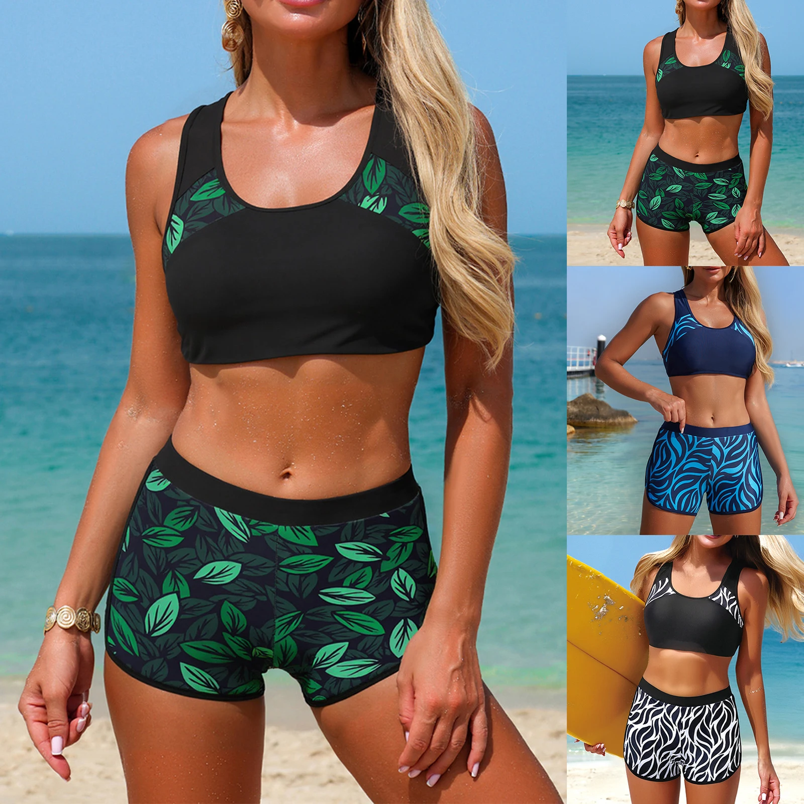 Two-Piece Swimsuit Summer Fashion Leaf Print Bikini Set Athletic Beachwear Comfortable Swimwear for Women Seaside Vacation