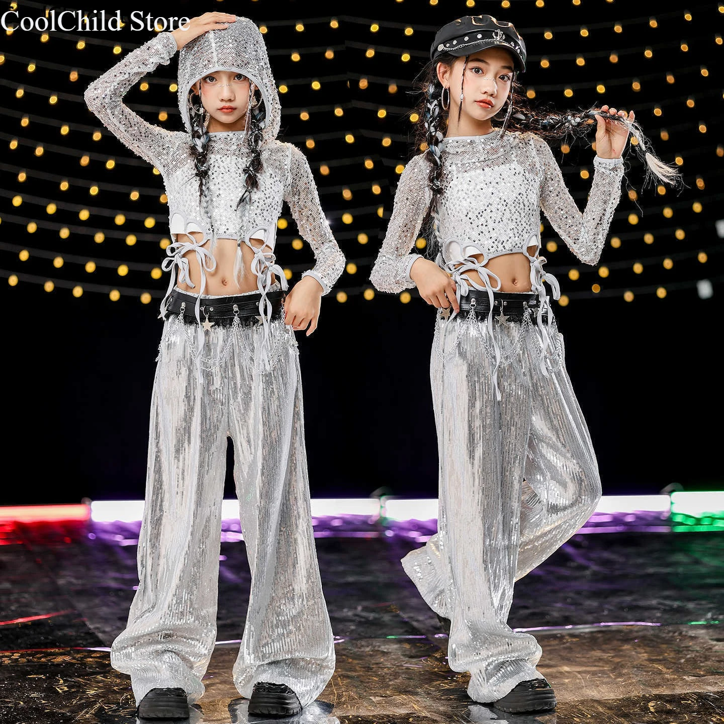 

Hip Hop Girls Sequin Crop Hoodies Cargo Silver Pants Child Street Dance Costume Kid K-pop Streetwear Jazz Girl Group Clothes Set
