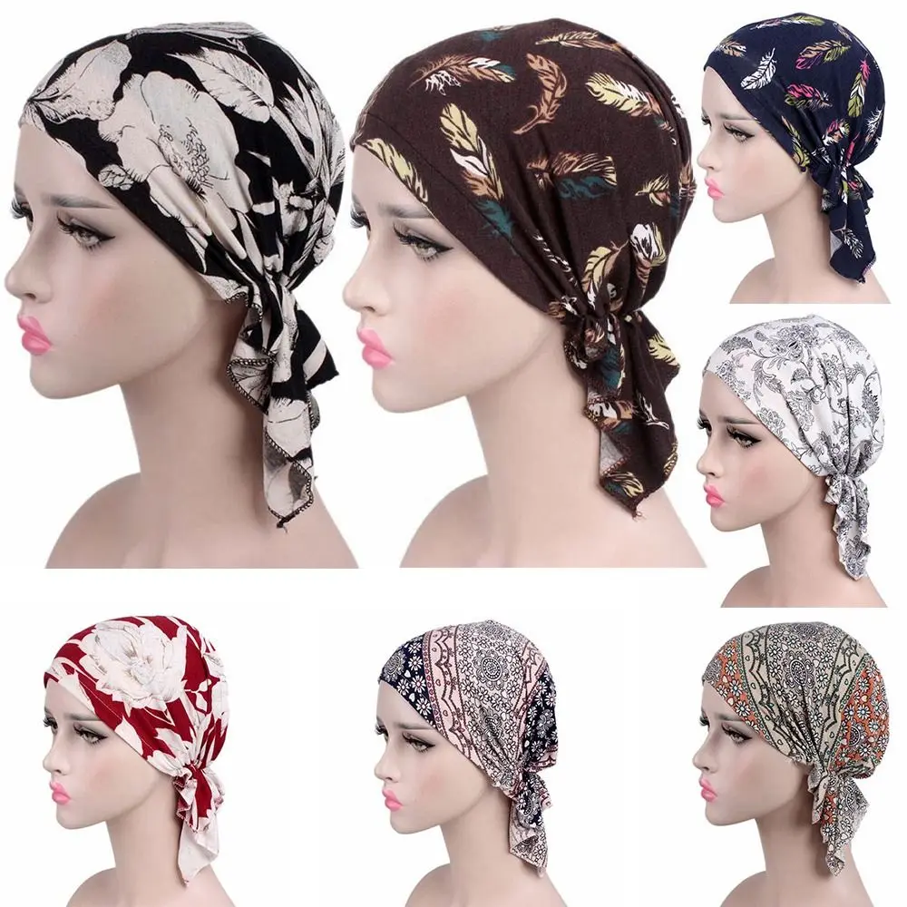

Warmer Tube Fashion Casual Sleep Caps Floral Print Turban Women National Wind Cotton Hat Bandana Chemotherapy Hat