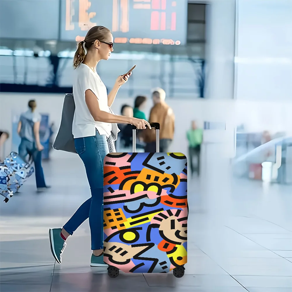 

1-piece vibrant abstract art luggage cover for luggage sizes 18 – 32 inches; dust and elastic travel accessory with bold geom