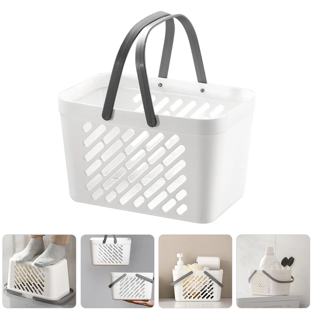 

Plastic Storage Basket With Handle Bath Organizer Shower Container Toiletries Holder Hollow Bathroom Basket
