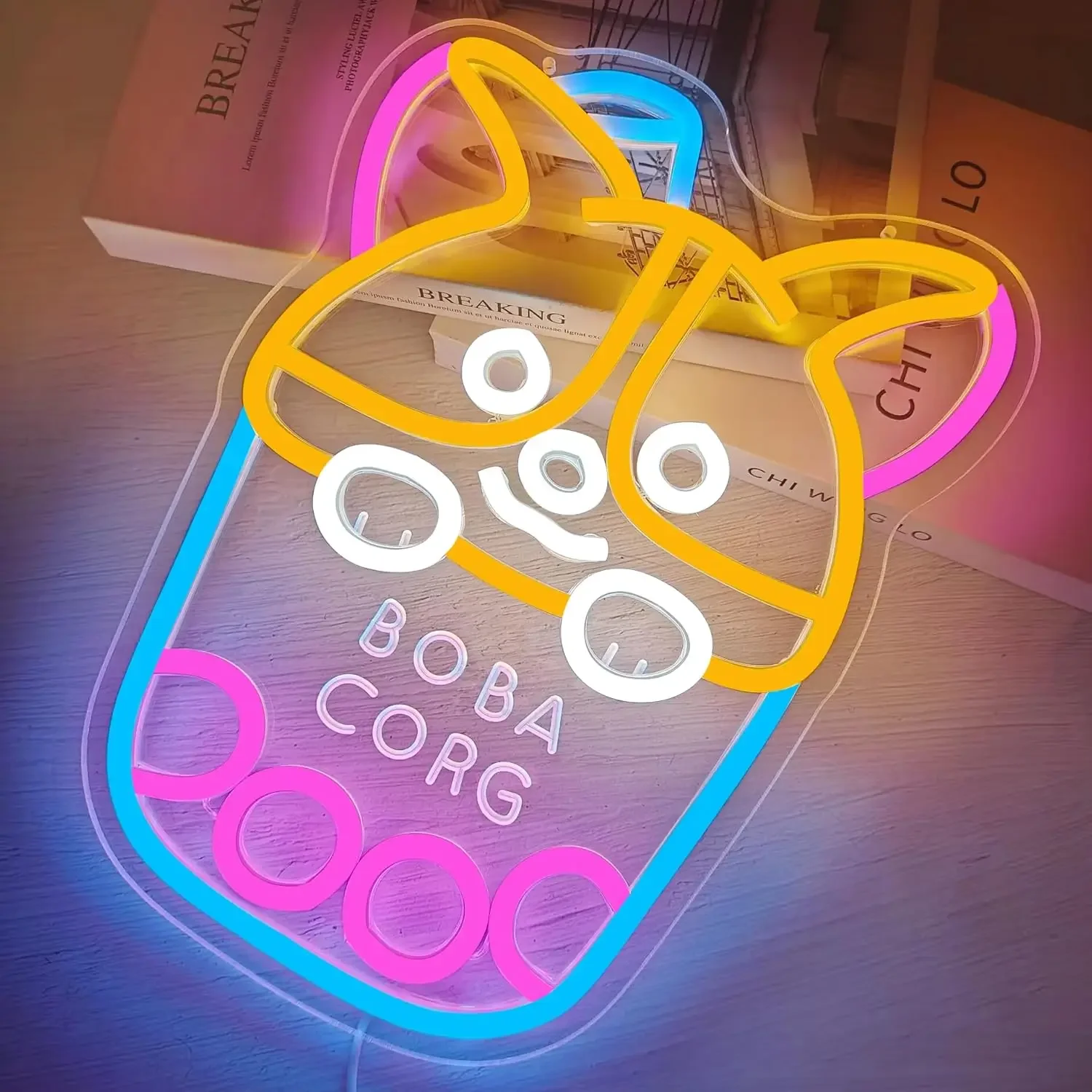 Boba Corgi Milk Tea Neon Sign Cute Dog LED Wall Art Acrylic USB Powered Dimmable Light For Bubble Tea Shop Home Decor