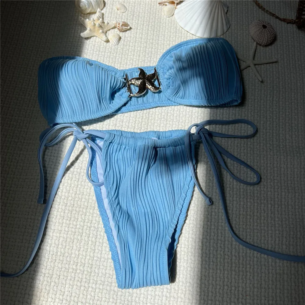 Traje de baño negro Sexy con hebilla de estrella de mar, microbikini Bandeau con Tanga 2025, traje de baño sin grapas con textura para mujer, conjuntos de Bikinis