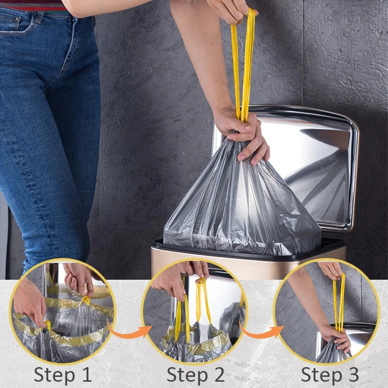 3/5/10 Rolls Drawstring Trash Bags for Kitchen Trash Can Thicken Large Capacity Garbage Bag Plastic Home Dustbin Storage Bag