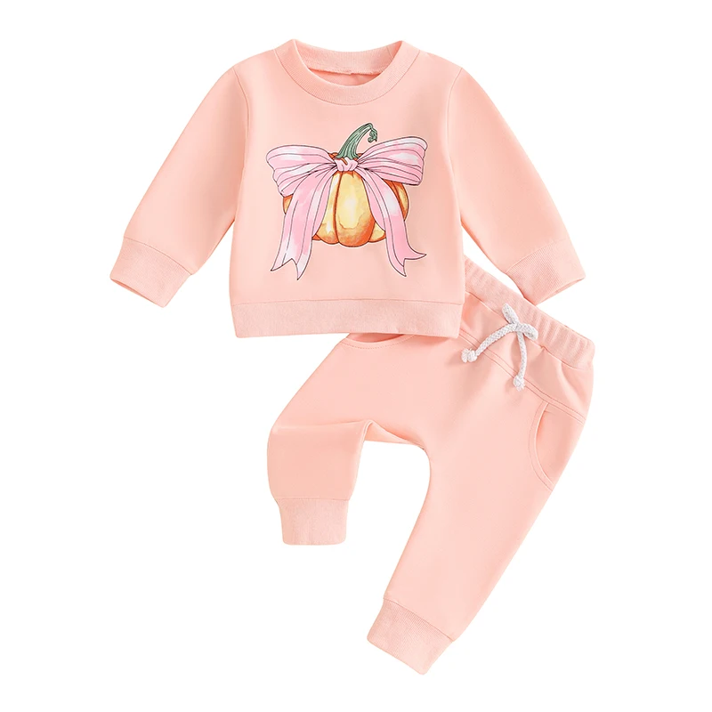 

0-3Y Pink Toddler Girls Halloween Clothes Sets 2pcs Bow Pumpkin Print Long Sleeve Sweatshirt and Elastic Pants