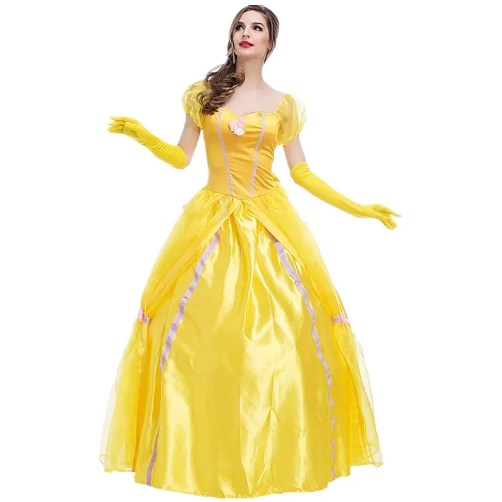 Adult Yellow Princess Belle Costume Halloween Beauty And The Beast Cosplay Party Masquerade Bell Court Queen Roles Suit