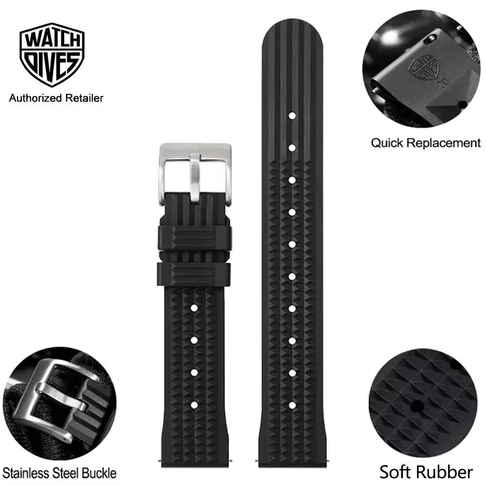 Watchdives 22mm Soft Rubber Waffle Strap Bracelets Universal Mens Diver Rubber Waterproof Sports Watch Band for 20mm