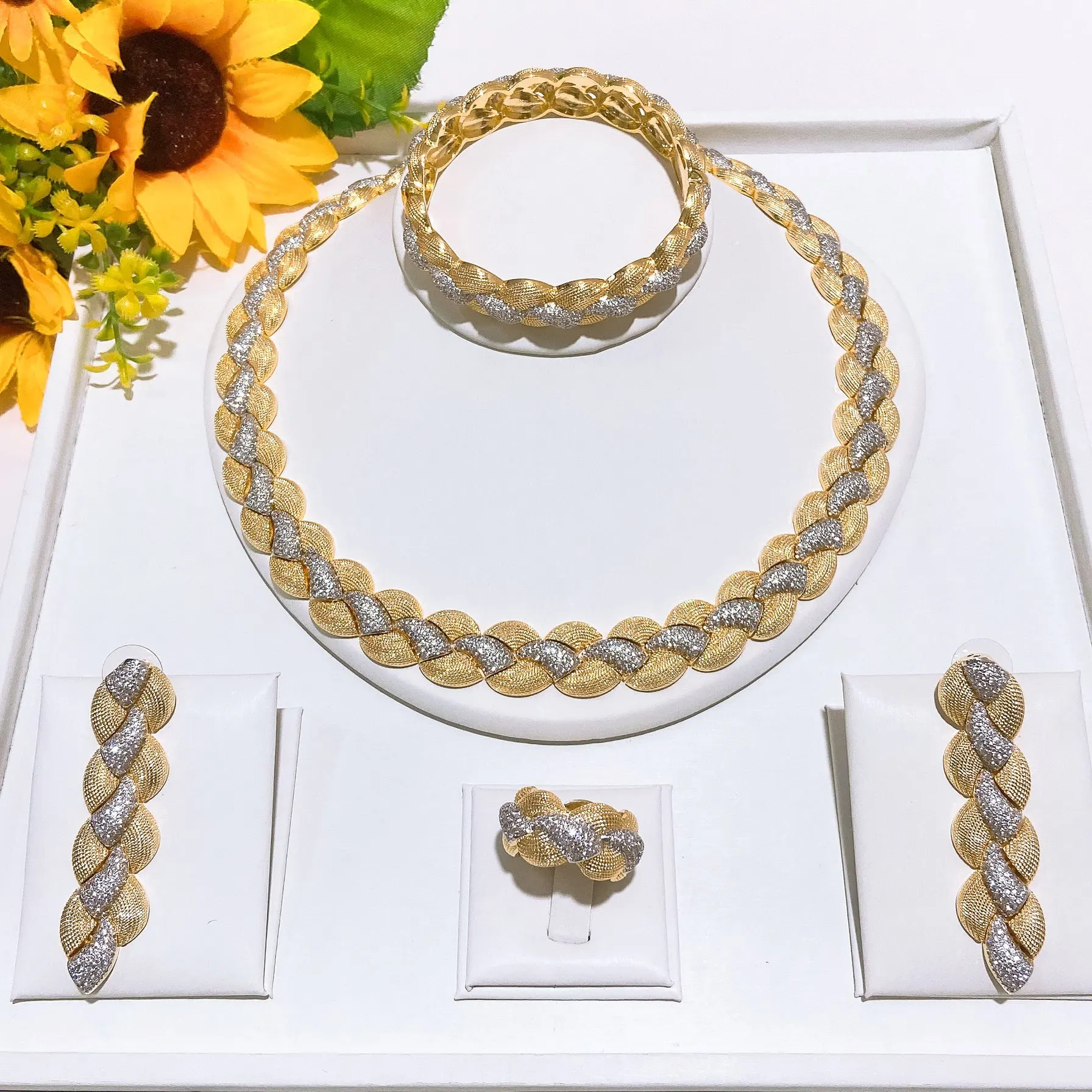 New Arrival Simple Two Tone American Zirconia Jewelry Set Fabulous Charming Fine Necklace Bracelet Earrings Ring Set For Wedding