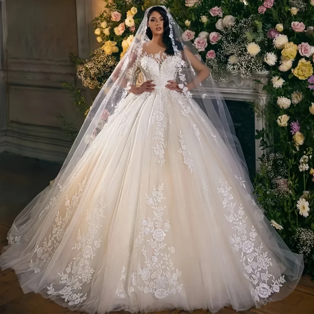 Vestido de novia de princesa con apliques de encaje, elegancia personalizada, elegante, cuello redondo, mangas casquillo, vestidos de novia sin espalda