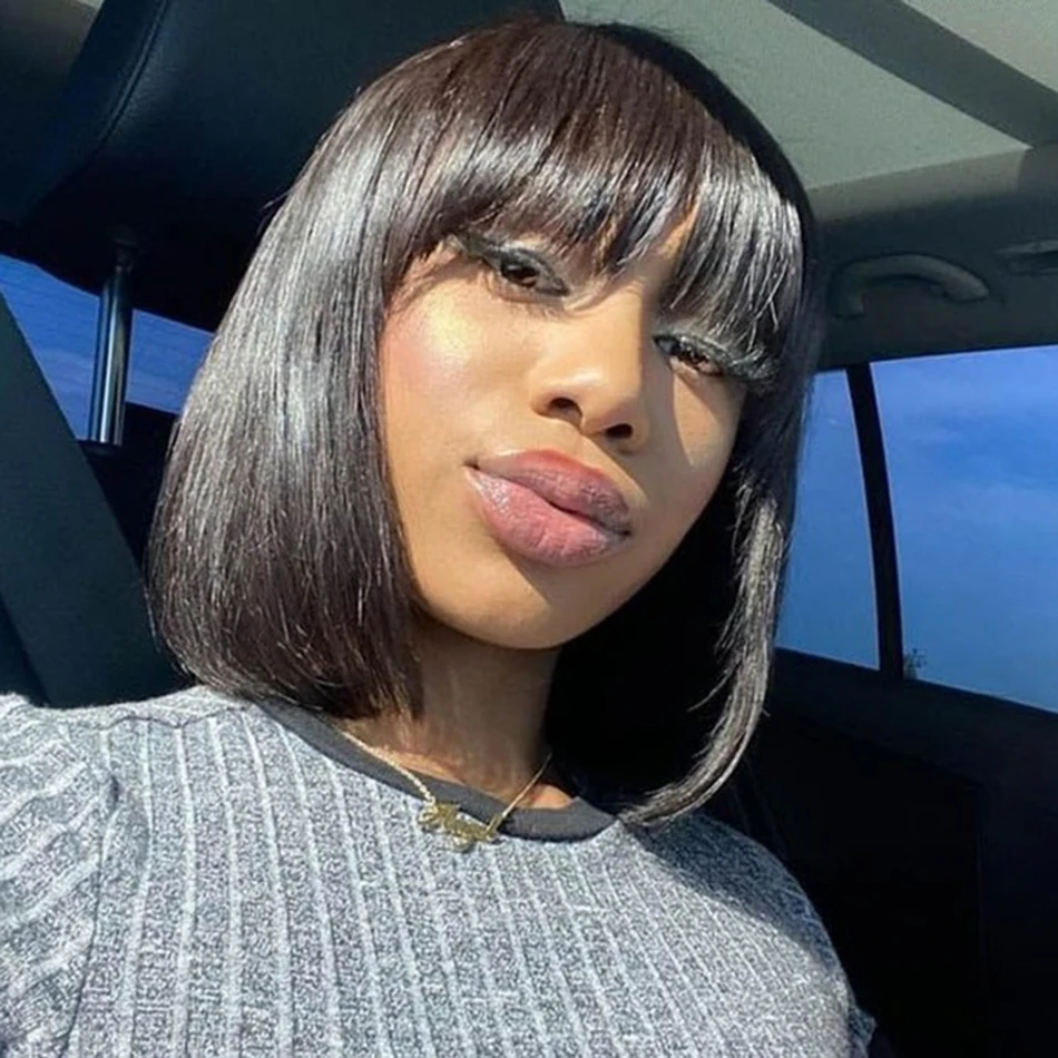 Wiggogo 3X1 Middle Part Lace Wig Bob Wigs Full Machine Made Bone Straight Human Hair Wigs With Bangs Short Bob Human Hair Wigs