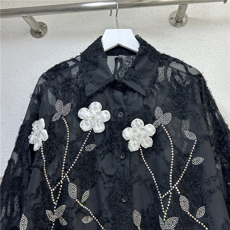 Women's Spring Autumn Shirt Chiffon Blouse Jacket Diamond Embroidery Flower Outfit Design Soft Brand Simple Fashion Comfortable