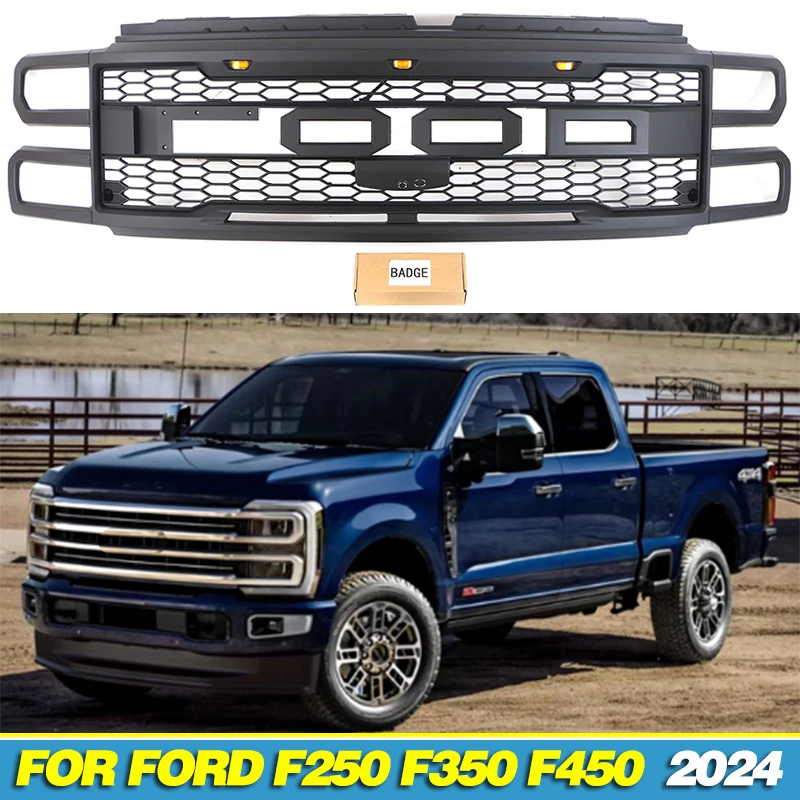 Front Grille with light bar Matte Black Racing Grill Fits For 2023 2024 Ford F250 F350 F450 Super Duty Tremor Off-Road