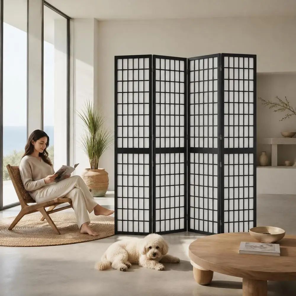4 pièces. Paravent pliable de style japonais 160x170 cm noir