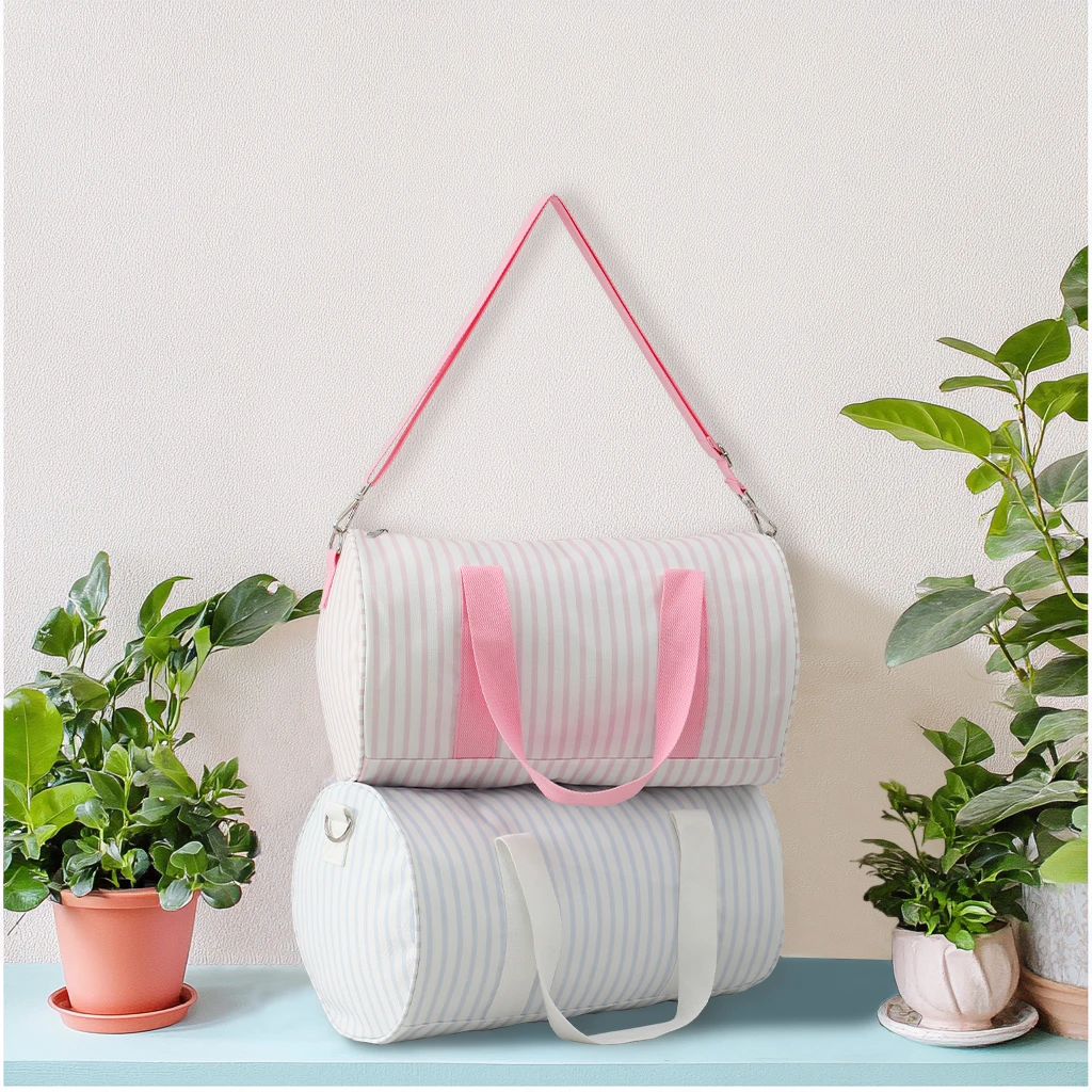 Striped Duffle Bag Women Canvas Embroidery Travel Shoulder Bag With Detachable Adjusted Strap