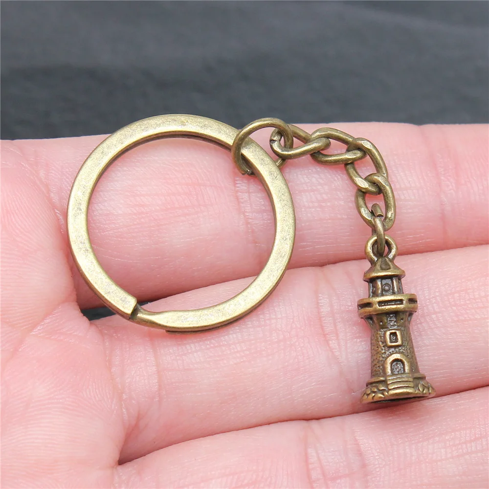 DIY Metal Keychain Holder Antique Bronze Color 20x9mm Watchtower Lighthouse Pendant Keyring Souvenirs Gift