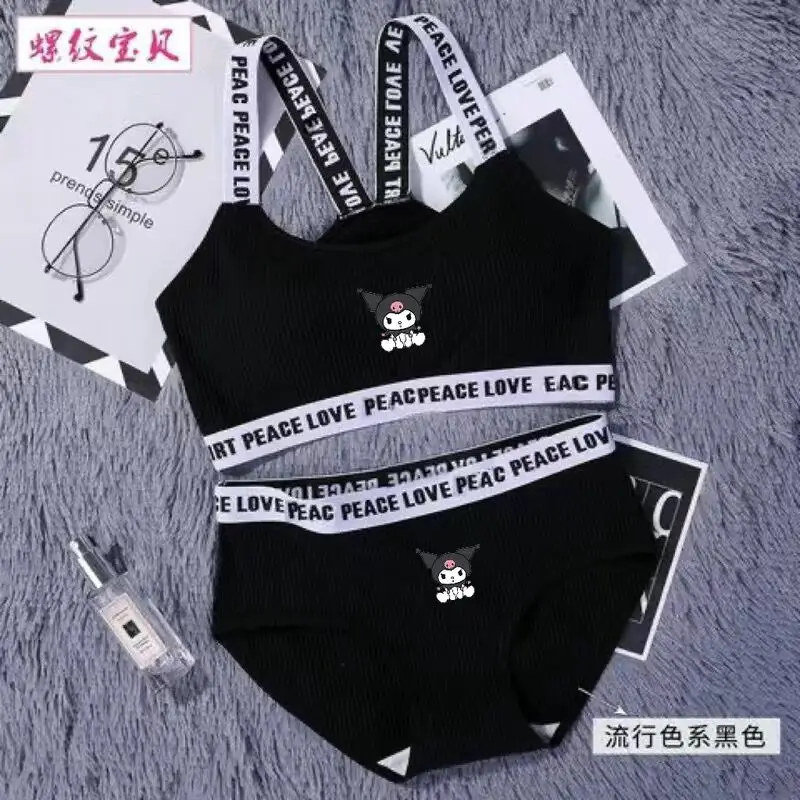 Sanrio Kuromi Underwear Cute Girls\' Bra Cotton No Steel Ring Letter Shoulder Strap Bra Set Beautiful Back Sports Underwear Set