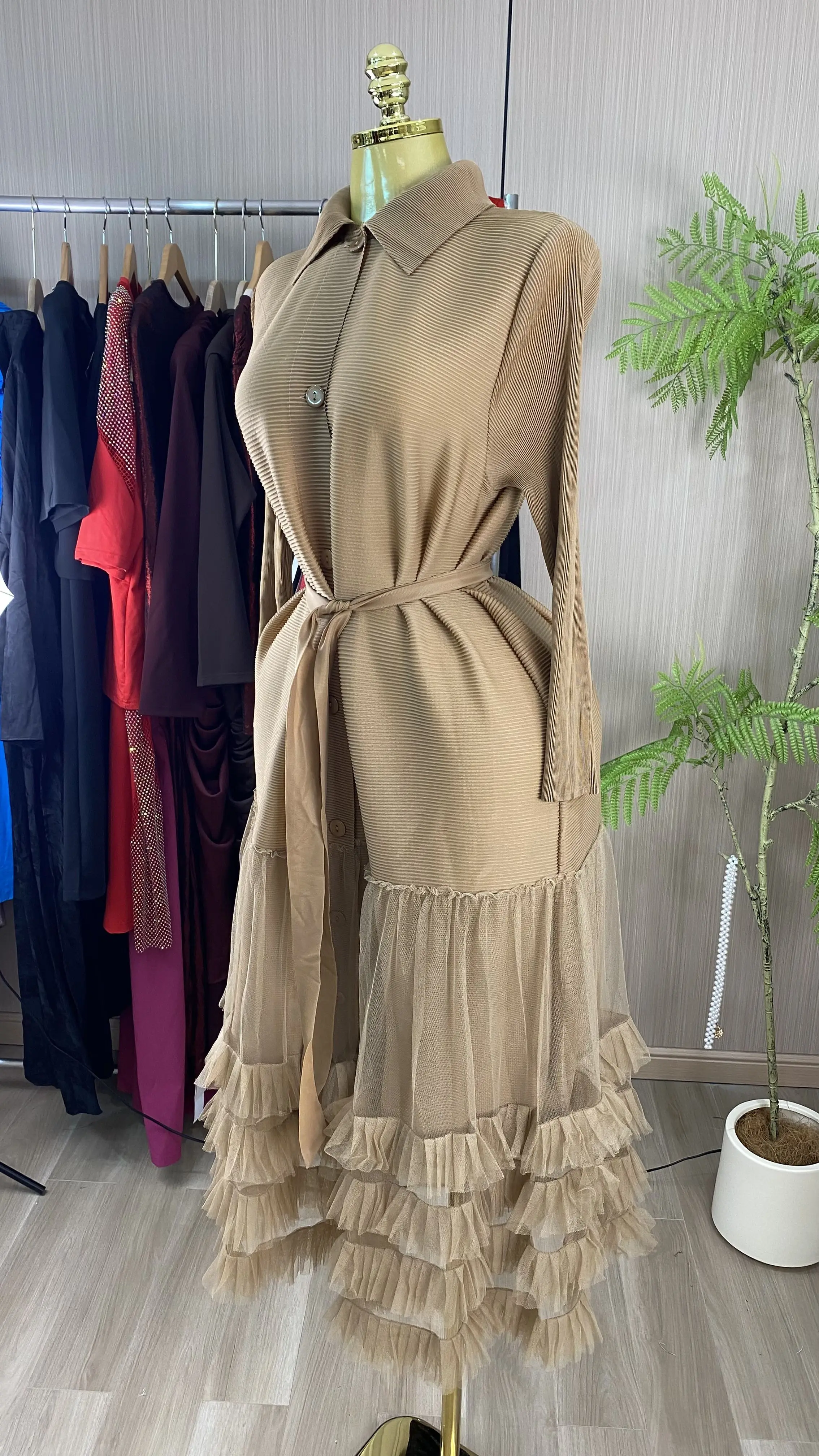 Long-sleeved pleated dress with ruffles and buttons—modest style suitable for Eid or casual evening wear.-GZXX1028