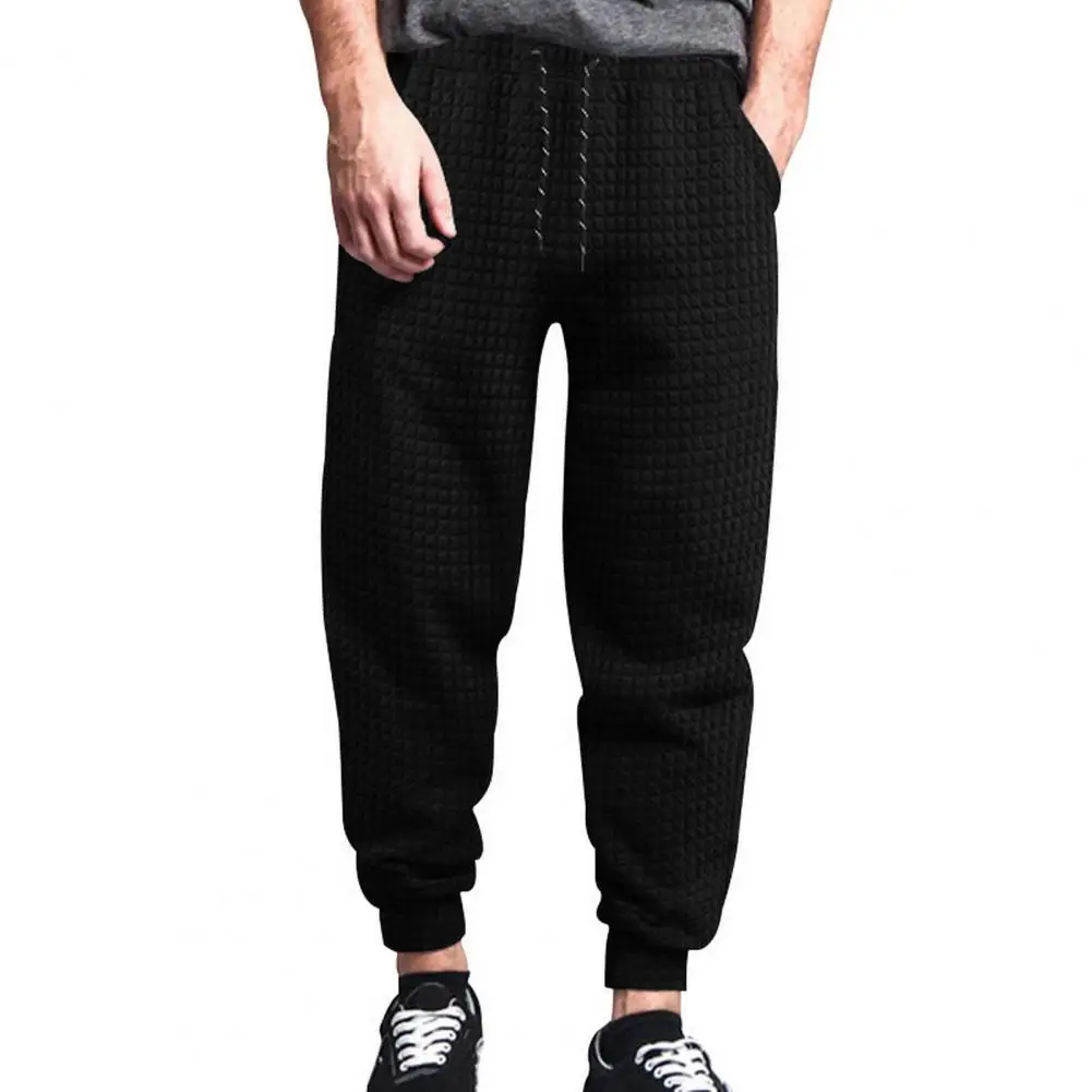 Men Casual Trousers Men's Waffle Texture Drawstring Sweatpants with Elastic Waist Pockets Casual Soft Warm Trousers for Spring