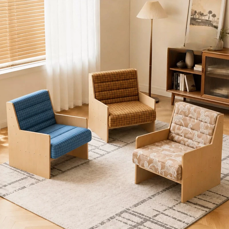 Solid wood single sofa chair, casual vintage style, living room small apartment, natural wood armchair