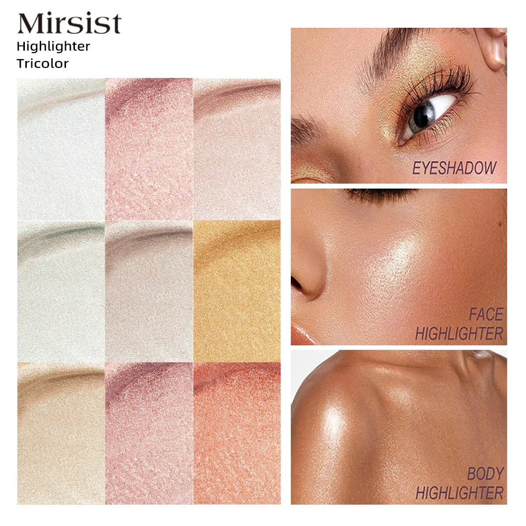 Mirsist 3 Color High Gloss Glitter Body Eyeshadow Tray Pearl Fine Shimmer Natural Color Contouring Waterproof Hold Makeup