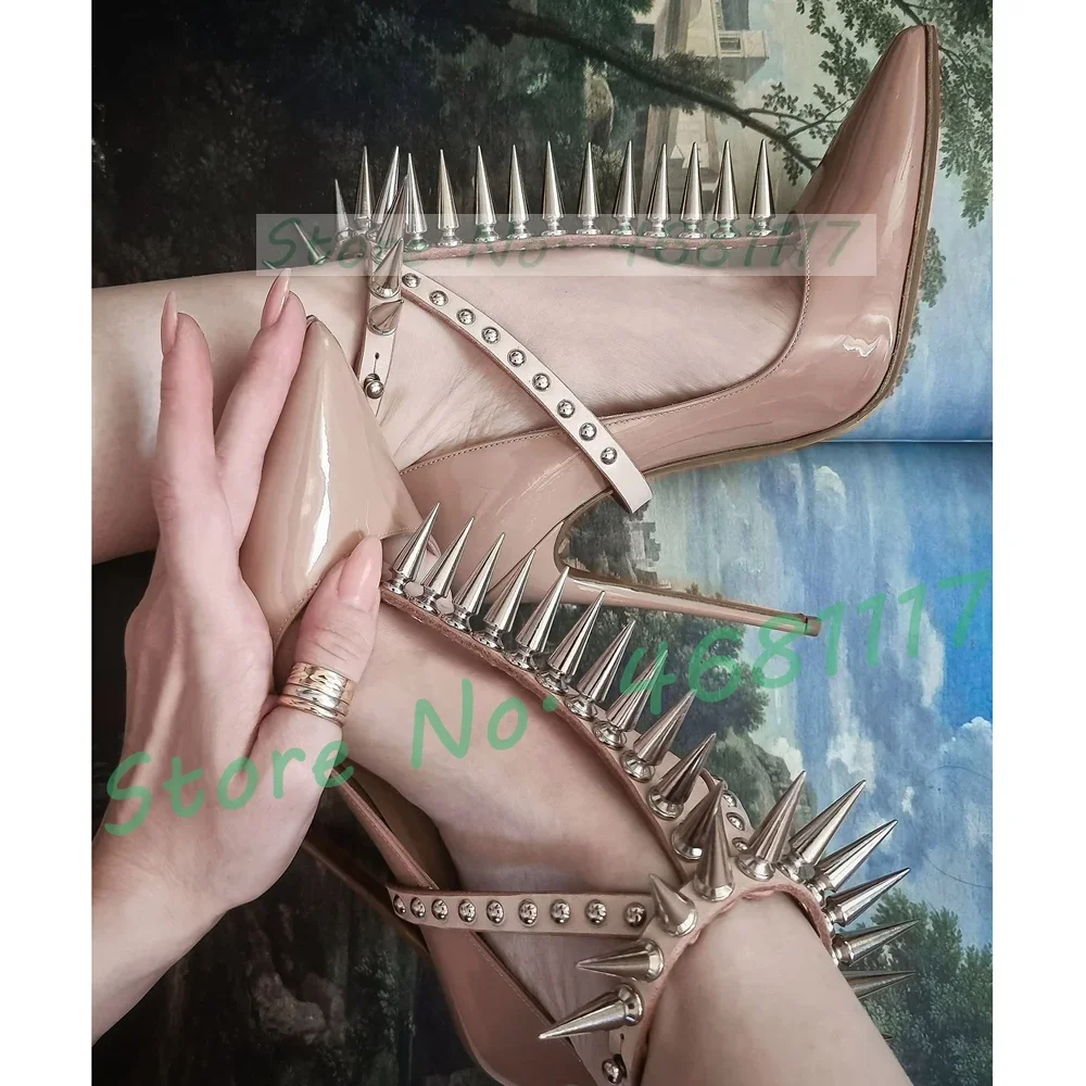 

Black Pointed Toe Spike Rivet Strap Pumps Women Sexy Nude Patent Leather High Heels Shoes Office Ladies Trends Nightclub Pumps