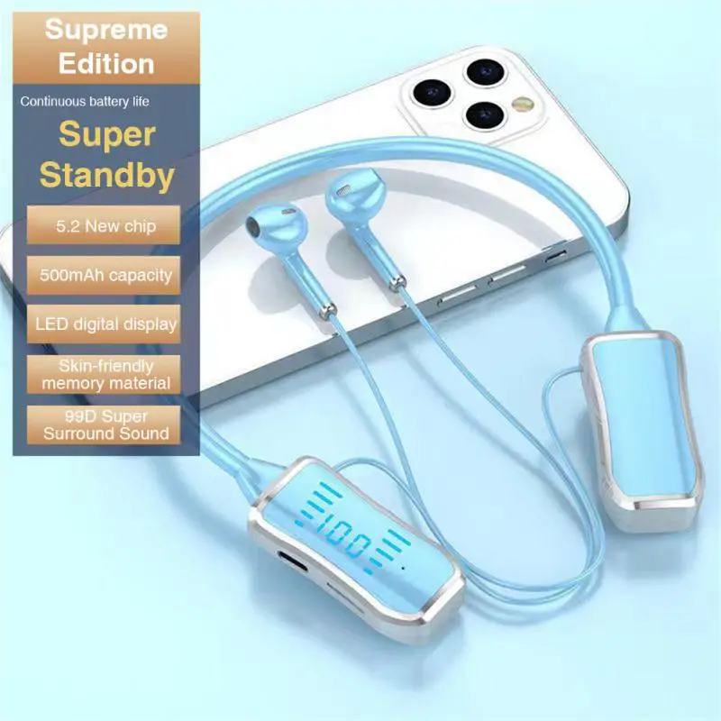 バッテリー寿命の長いワイヤレスヘッドフォン,マイク付きスポーツヘッドセット,ノイズリダクション,5.2