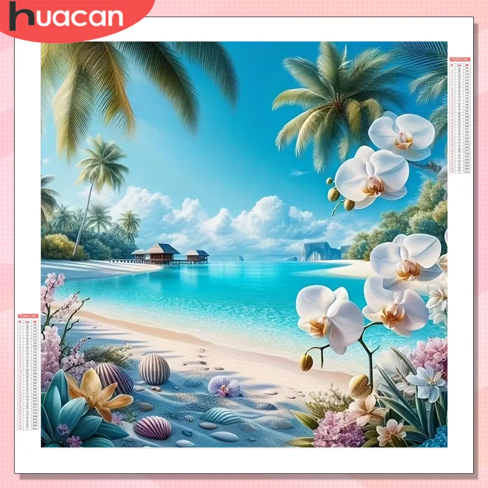 HUACAN 5D-Diamantkunst, Meer, Landschaft, Orchidee, Mosaik, Strand, Wand, dekorative Gemälde, voller quadratischer runder Bohrer, Kunsthandwerk