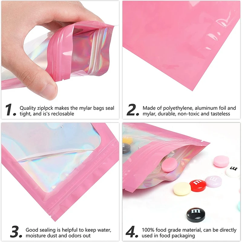 200 Pcs Smell Proof Mylar Bags Holographic Packaging Bags, Resealable Odor Proof Bags Foil Pouch Bags For Food Storage