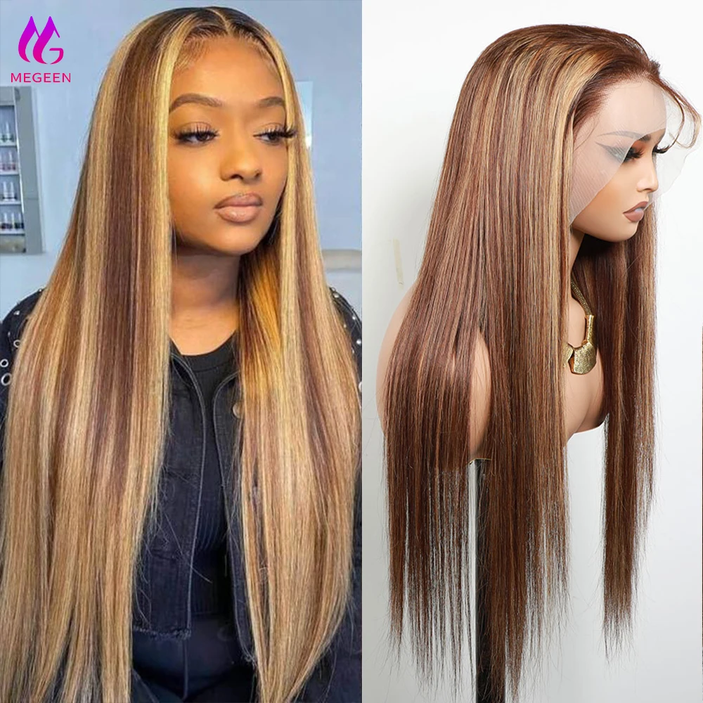 

Megeen 100% Human Hair Pre Plucked Honey Blonde Highlight P4/27 Colored Straight 13X4 Lace Frontal Wig Human Hair Lace Front Wig