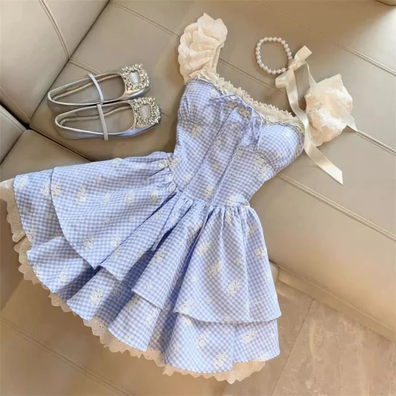 Vestido Vintage francés dulce para mujer, minivestido ajustado de encaje Kawaii con mangas voladoras, Hada elegante Harajuku Y2k, trajes elegantes de verano