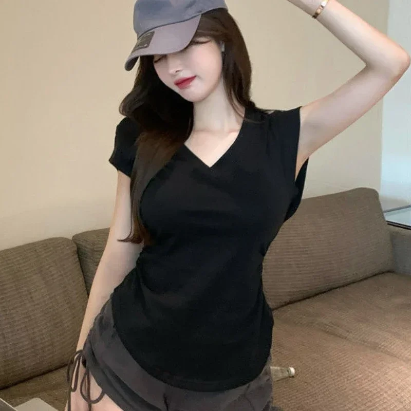 5 Colors T-shirts Women Shirring Chic Sexy Girls Tops Summer Harajuku Slim V-neck Fashion Ulzzang All-match Casual Simple Pure