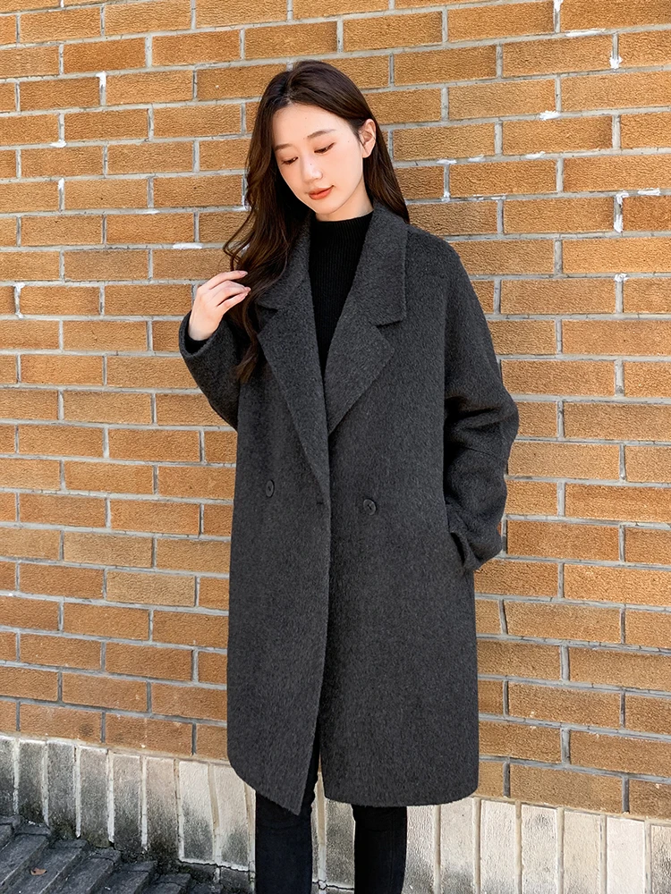 

Новое женское шерстяное пальто на осень и зиму, модное свободное двустороннее кашемировое темно-серое пальто средней длины с лацканами